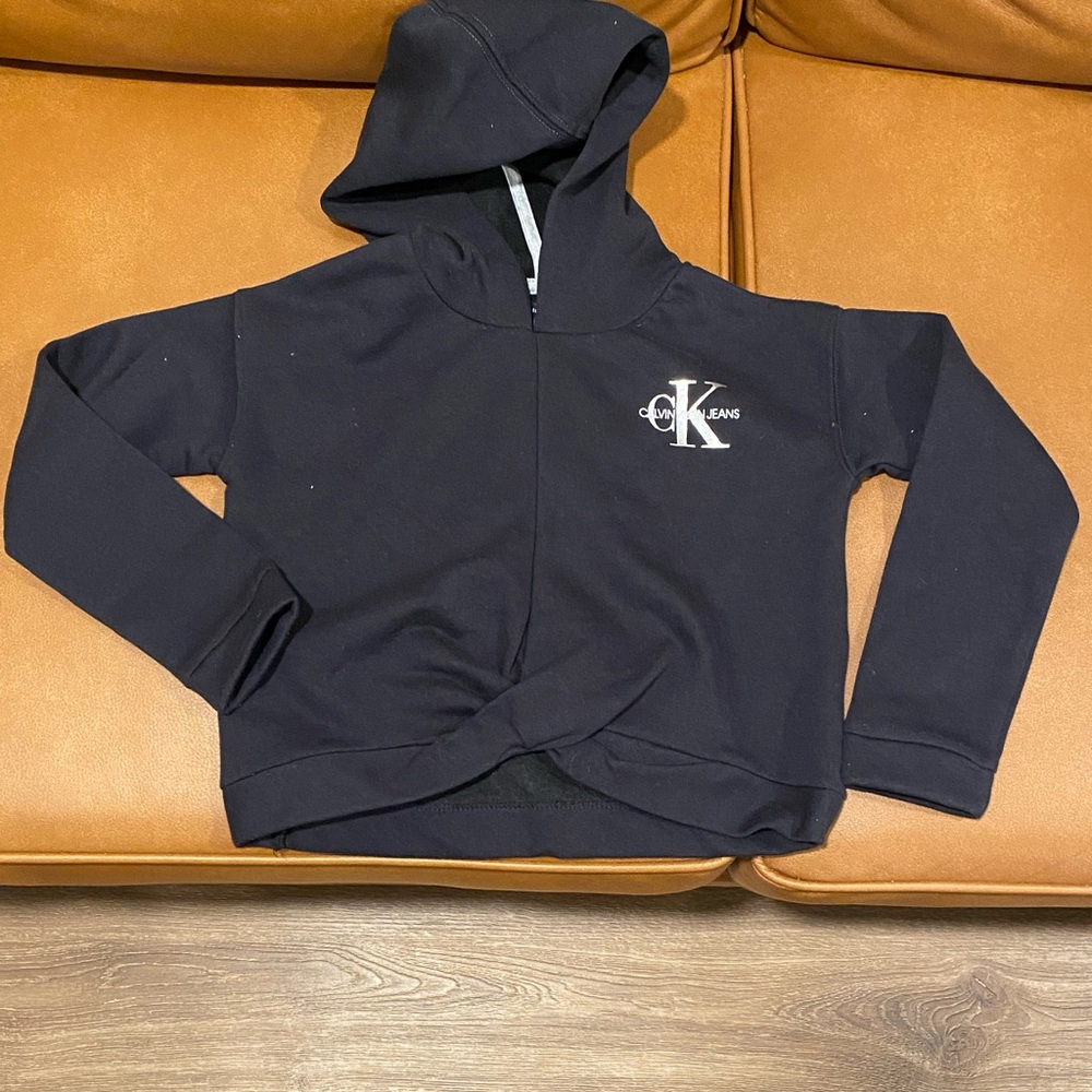 Calvin Klein Jeans Black Logo Pullover Logo Hoodie Twist‎ Front Kids Size 6 NWT